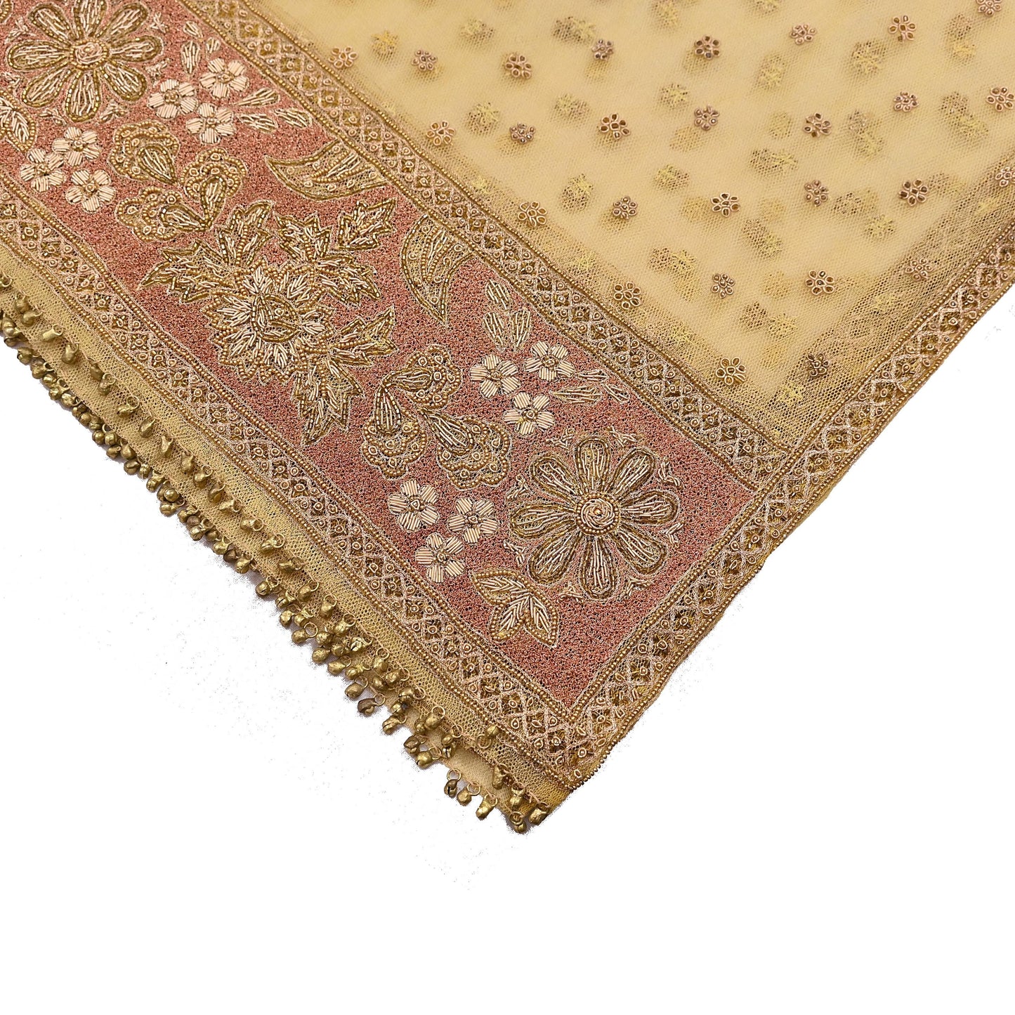 Indian Vintage Heavy Yellow Dupatta Net Mesh Long Stole Hand Embroidered Scarves Golden Zardozi Dabka Zari Stole