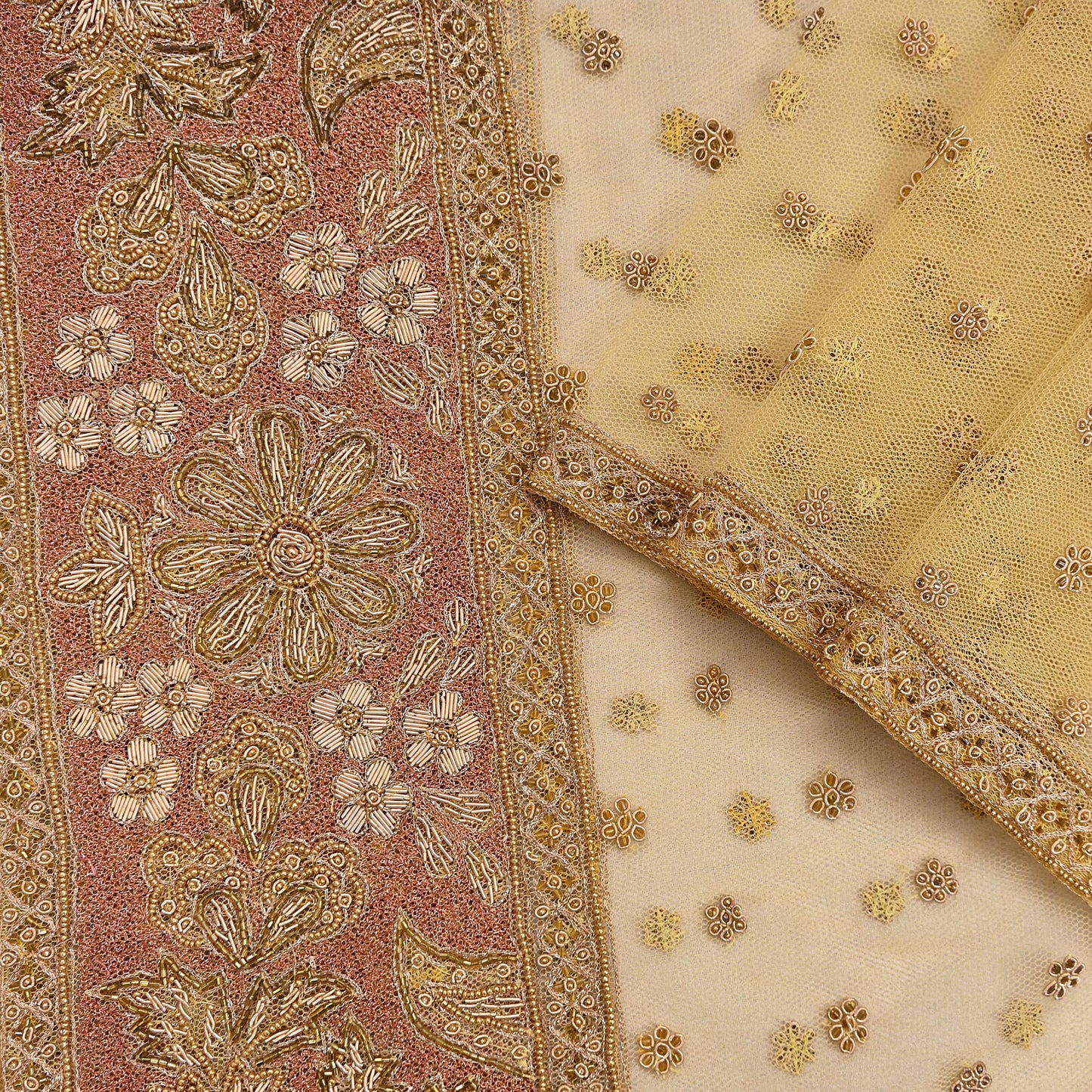 Indian Vintage Heavy Yellow Dupatta Net Mesh Long Stole Hand Embroidered Scarves Golden Zardozi Dabka Zari Stole