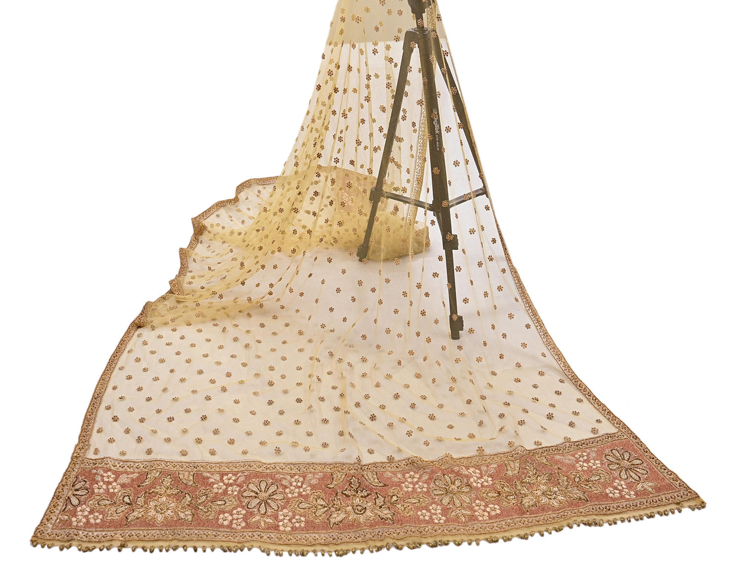 Indian Vintage Heavy Yellow Dupatta Net Mesh Long Stole Hand Embroidered Scarves Golden Zardozi Dabka Zari Stole