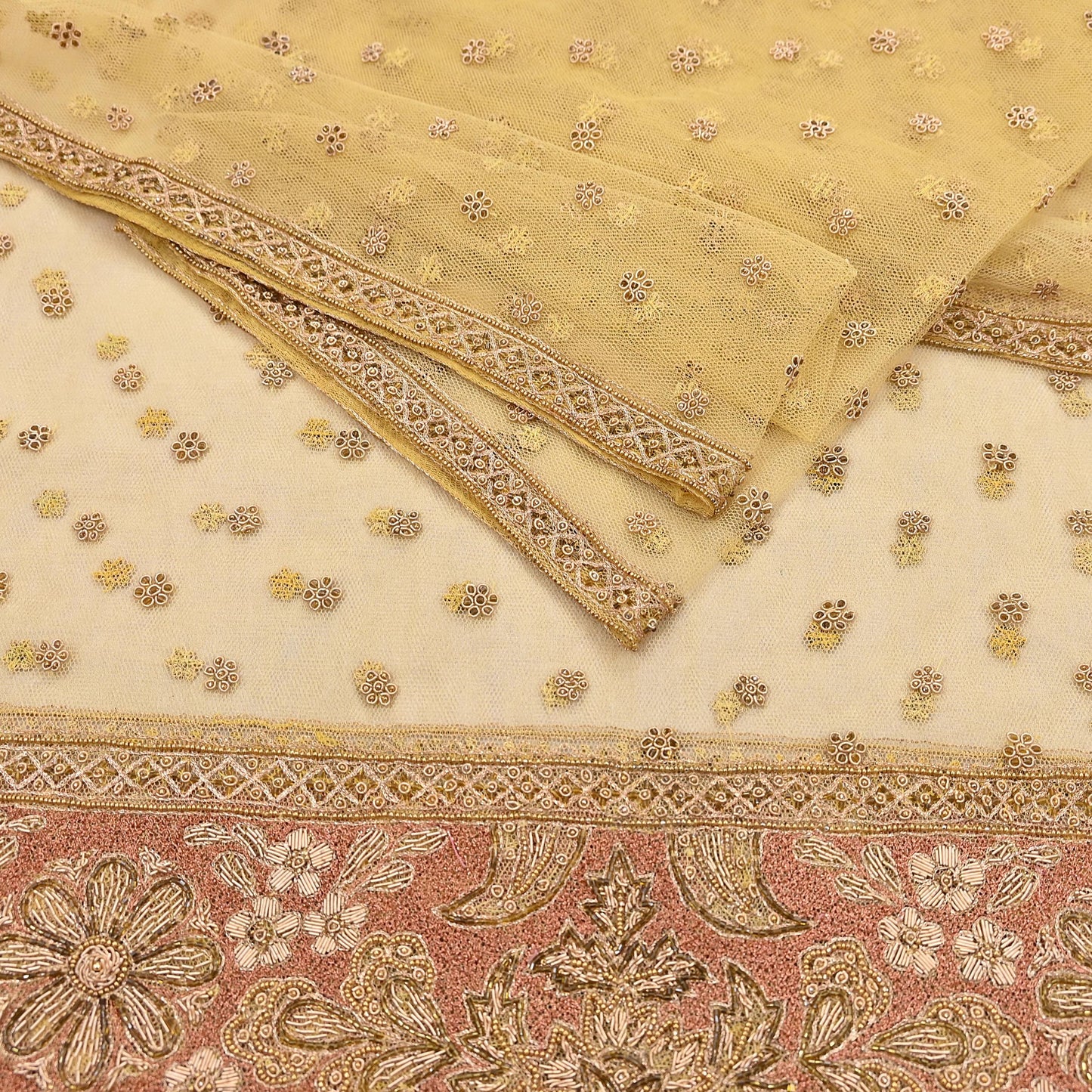 Indian Vintage Heavy Yellow Dupatta Net Mesh Long Stole Hand Embroidered Scarves Golden Zardozi Dabka Zari Stole