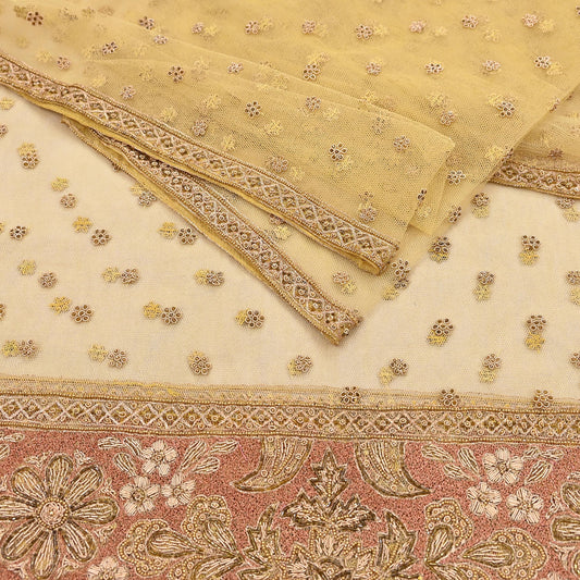 Indian Vintage Heavy Yellow Dupatta Net Mesh Long Stole Hand Embroidered Scarves Golden Zardozi Dabka Zari Stole