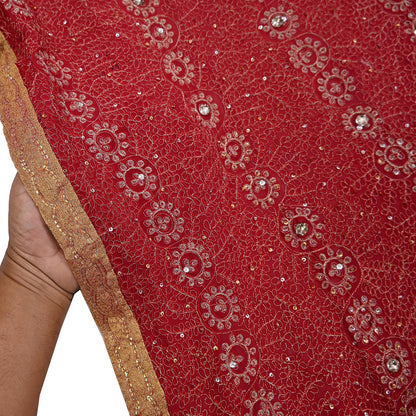Indian Vintage Heavy Bridal Red Dupatta Pure Georgette Silk Long Stole Hand Embroidered Scarf Zardozi/Dabka Wedding red Hijab veil