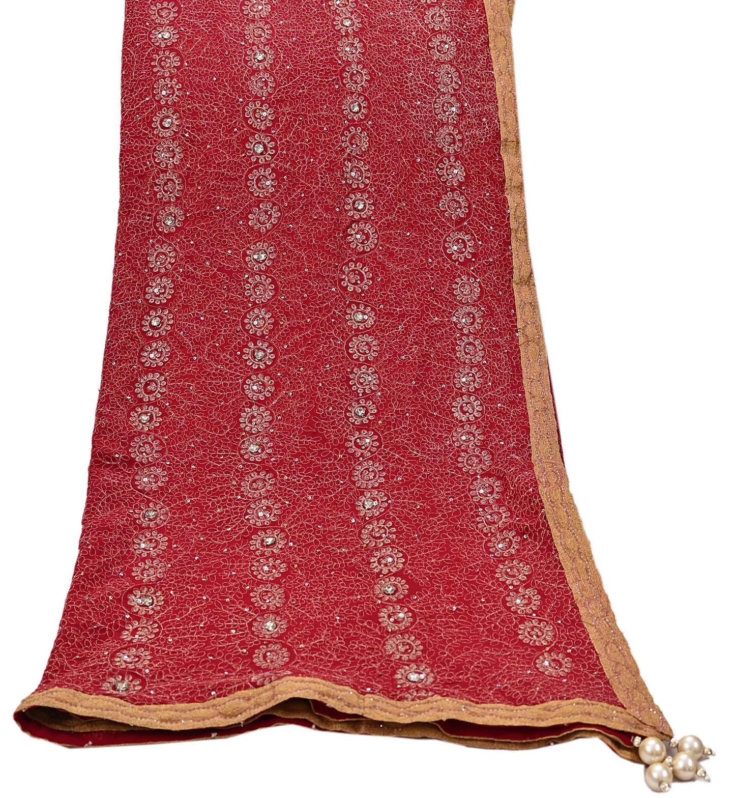 Indian Vintage Heavy Bridal Red Dupatta Pure Georgette Silk Long Stole Hand Embroidered Scarf Zardozi/Dabka Wedding red Hijab veil