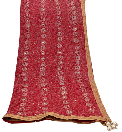 Indian Vintage Heavy Bridal Red Dupatta Pure Georgette Silk Long Stole Hand Embroidered Scarf Zardozi/Dabka Wedding red Hijab veil