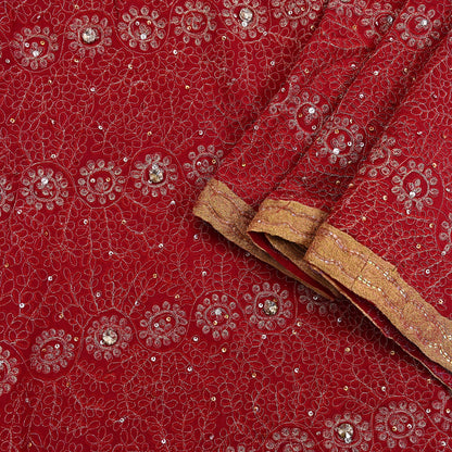 Indian Vintage Heavy Bridal Red Dupatta Pure Georgette Silk Long Stole Hand Embroidered Scarf Zardozi/Dabka Wedding red Hijab veil