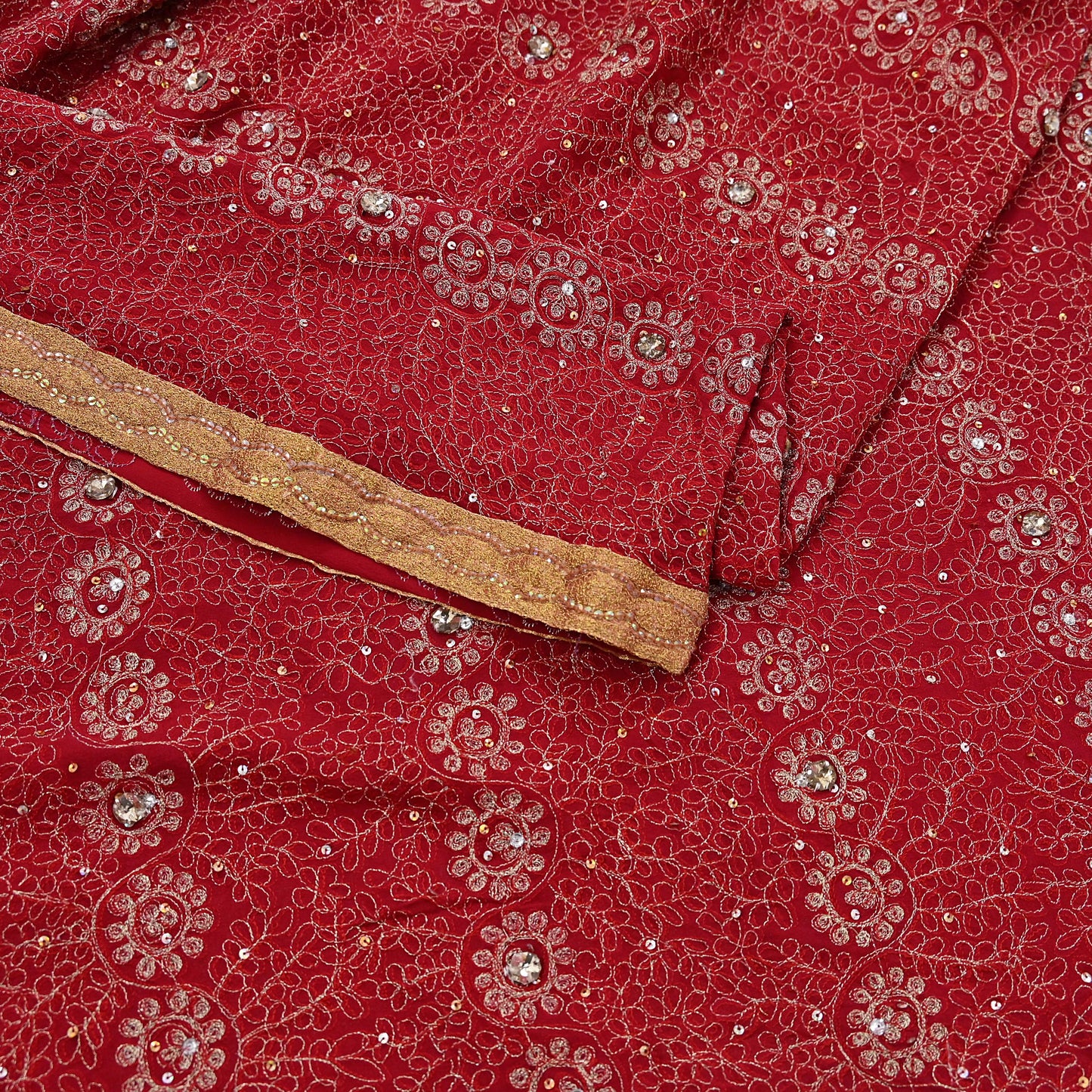 Indian Vintage Heavy Bridal Red Dupatta Pure Georgette Silk Long Stole Hand Embroidered Scarf Zardozi/Dabka Wedding red Hijab veil
