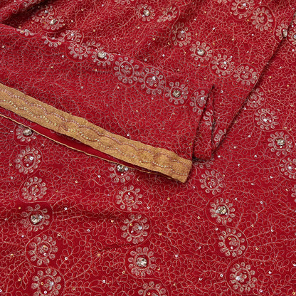 Indian Vintage Heavy Bridal Red Dupatta Pure Georgette Silk Long Stole Hand Embroidered Scarf Zardozi/Dabka Wedding red Hijab veil