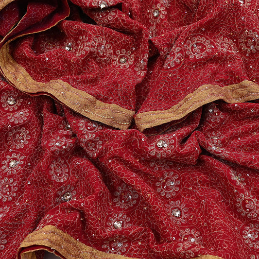 Indian Vintage Heavy Bridal Red Dupatta Pure Georgette Silk Long Stole Hand Embroidered Scarf Zardozi/Dabka Wedding red Hijab veil