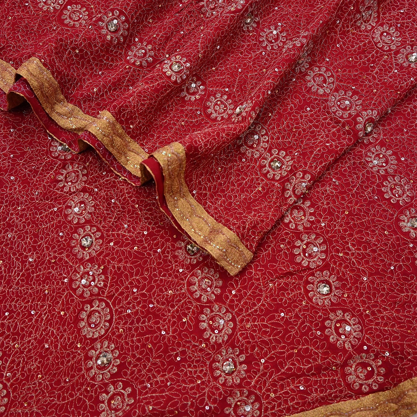Indian Vintage Heavy Bridal Red Dupatta Pure Georgette Silk Long Stole Hand Embroidered Scarf Zardozi/Dabka Wedding red Hijab veil