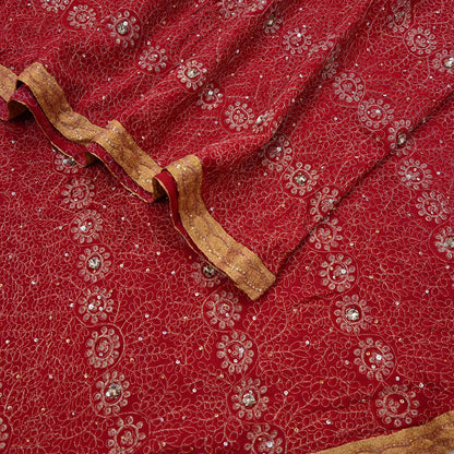 Indian Vintage Heavy Bridal Red Dupatta Pure Georgette Silk Long Stole Hand Embroidered Scarf Zardozi/Dabka Wedding red Hijab veil