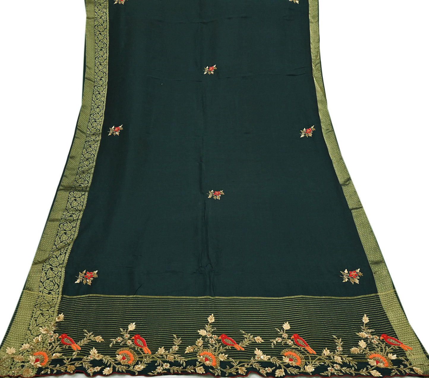 Indian Vintage Heavy Sarees Bottle Green Blend Silk Hand Embroidered Sari Fabric 5Yd Sewing Ethnic Sequins, Glass Beaded Wedding sarees