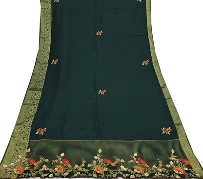 Indian Vintage Heavy Sarees Bottle Green Blend Silk Hand Embroidered Sari Fabric 5Yd Sewing Ethnic Sequins, Glass Beaded Wedding sarees