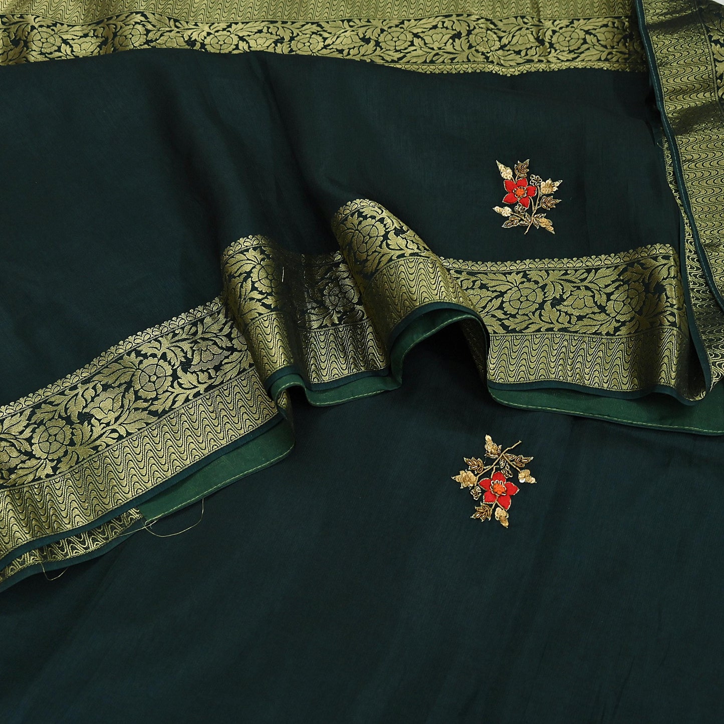 Indian Vintage Heavy Sarees Bottle Green Blend Silk Hand Embroidered Sari Fabric 5Yd Sewing Ethnic Sequins, Glass Beaded Wedding sarees