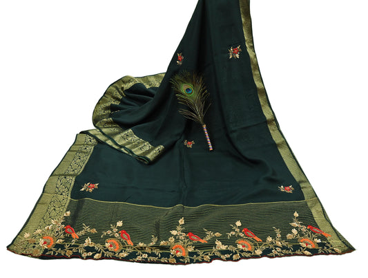 Indian Vintage Heavy Sarees Bottle Green Blend Silk Hand Embroidered Sari Fabric 5Yd Sewing Ethnic Sequins, Glass Beaded Wedding sarees