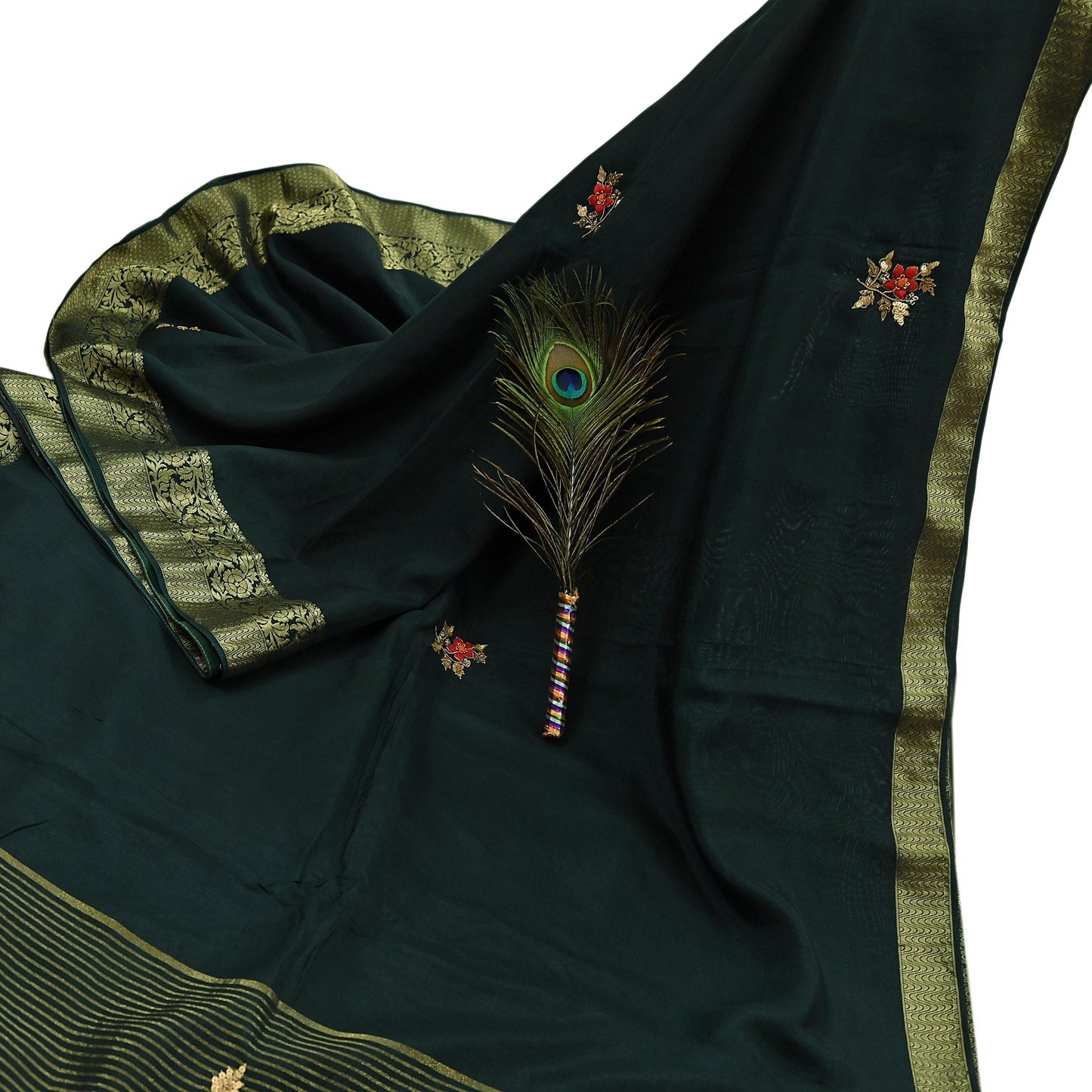 Indian Vintage Heavy Sarees Bottle Green Blend Silk Hand Embroidered Sari Fabric 5Yd Sewing Ethnic Sequins, Glass Beaded Wedding sarees