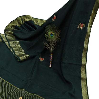 Indian Vintage Heavy Sarees Bottle Green Blend Silk Hand Embroidered Sari Fabric 5Yd Sewing Ethnic Sequins, Glass Beaded Wedding sarees