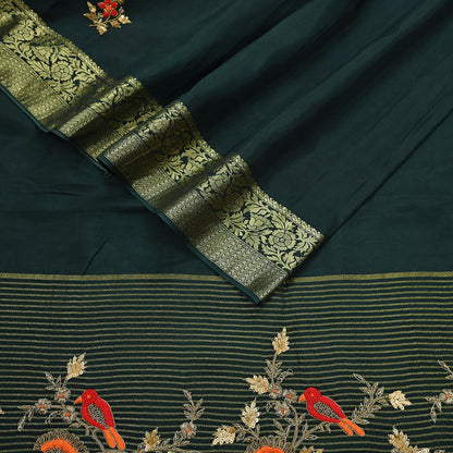 Indian Vintage Heavy Sarees Bottle Green Blend Silk Hand Embroidered Sari Fabric 5Yd Sewing Ethnic Sequins, Glass Beaded Wedding sarees