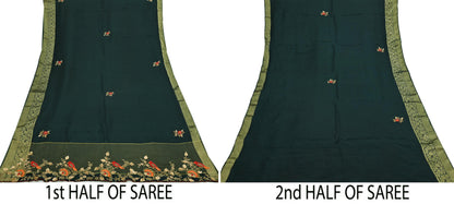 Indian Vintage Heavy Sarees Bottle Green Blend Silk Hand Embroidered Sari Fabric 5Yd Sewing Ethnic Sequins, Glass Beaded Wedding sarees