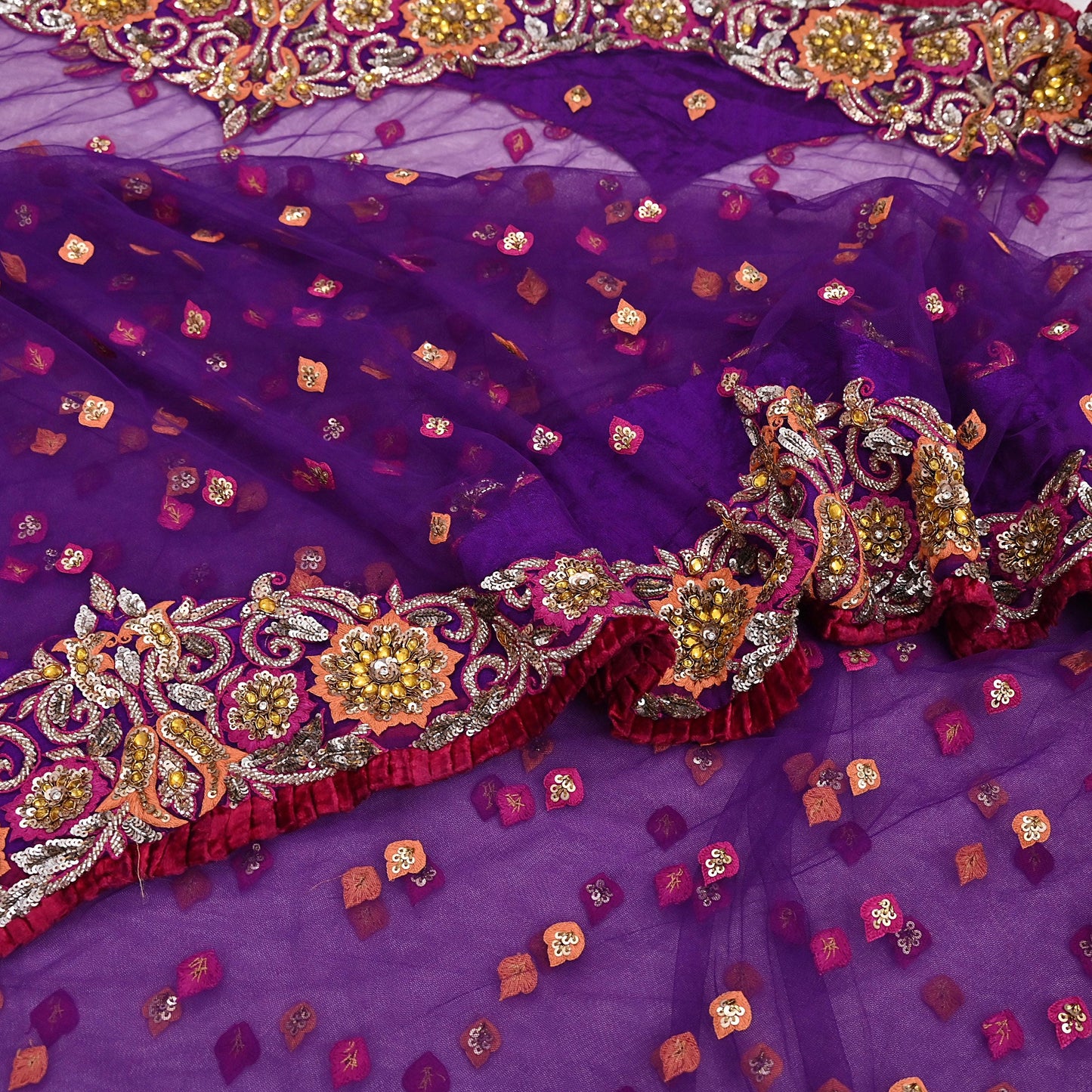 Indian Vintage Heavy Sari Purple Net/Mesh Embroidered Sarees Fabric 5Yd Sewing Soft Green Sequins Floral Zari Bridal/wedding Saris