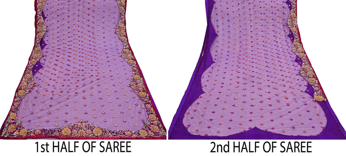 Indian Vintage Heavy Sari Purple Net/Mesh Embroidered Sarees Fabric 5Yd Sewing Soft Green Sequins Floral Zari Bridal/wedding Saris
