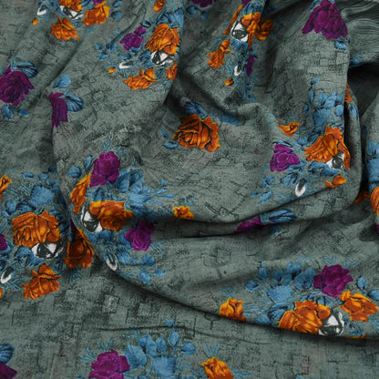Indian Vintage Sari Green Printed Pure Cotton Saree Craft Fabric 5Yd Sewing Sarong Wrap Boho Floral Crafting Upcycle Quilting Used