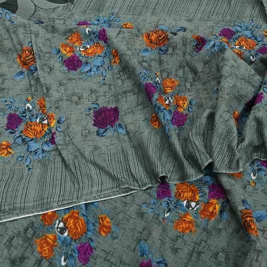 Indian Vintage Sari Green Printed Pure Cotton Saree Craft Fabric 5Yd Sewing Sarong Wrap Boho Floral Crafting Upcycle Quilting Used