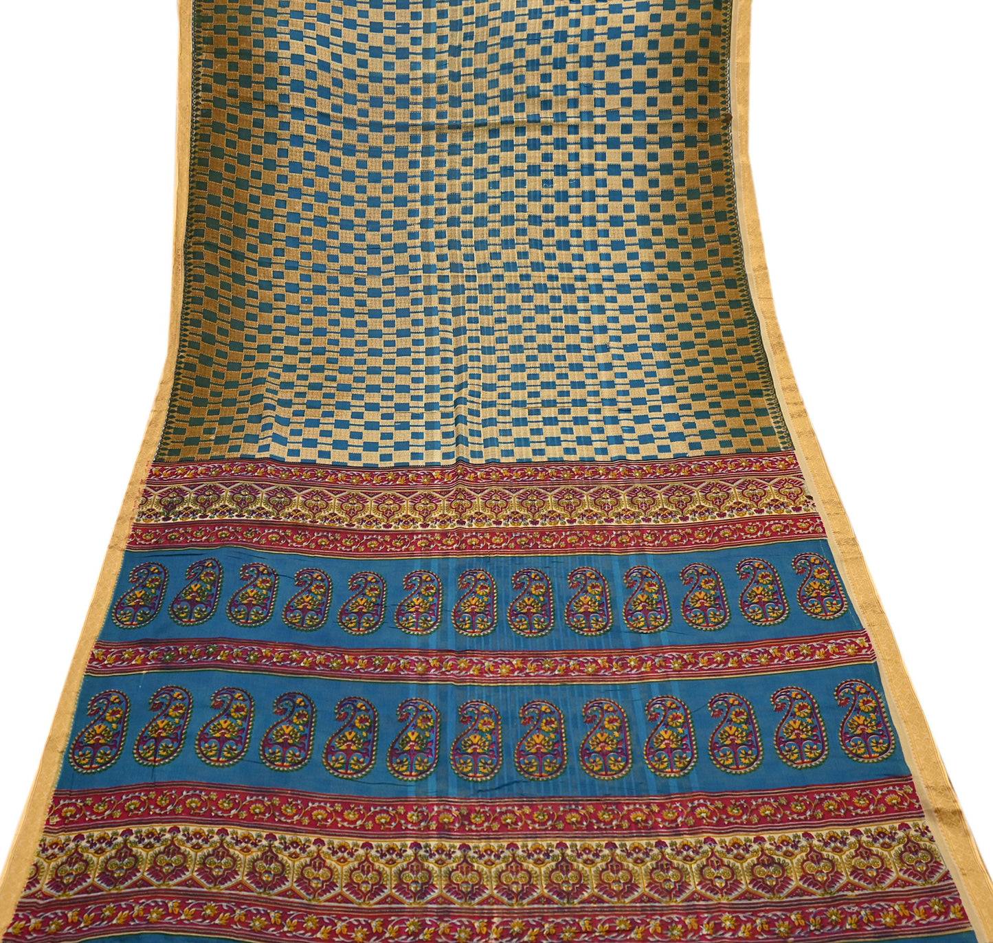 Indian Vintage Sari Blue & Beige Printed Pure Cotton Sarees Craft Fabric 5Yd Soft Sewing Sarong Wrap Boho Floral Quilting Dress making