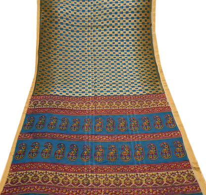 Indian Vintage Sari Blue & Beige Printed Pure Cotton Sarees Craft Fabric 5Yd Soft Sewing Sarong Wrap Boho Floral Quilting Dress making