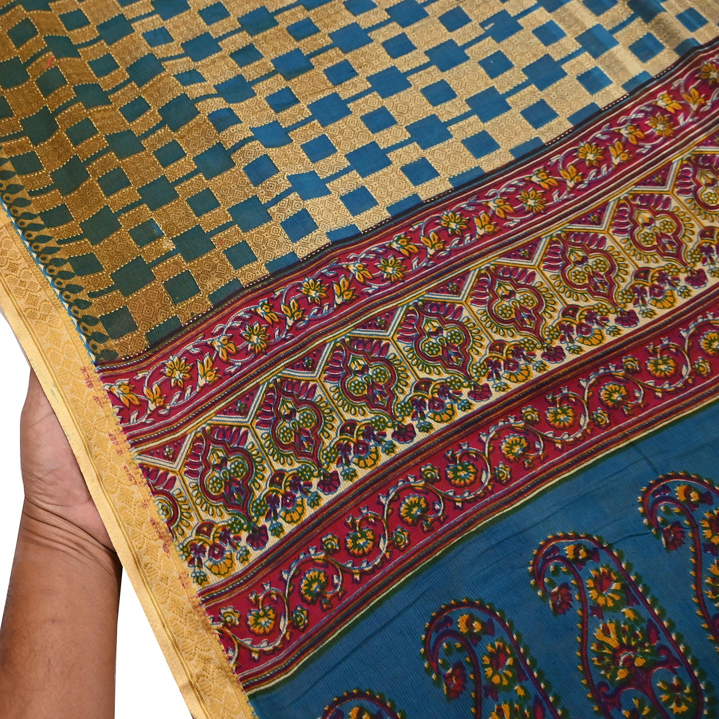 Indian Vintage Sari Blue & Beige Printed Pure Cotton Sarees Craft Fabric 5Yd Soft Sewing Sarong Wrap Boho Floral Quilting Dress making