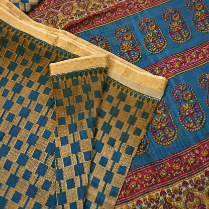 Indian Vintage Sari Blue & Beige Printed Pure Cotton Sarees Craft Fabric 5Yd Soft Sewing Sarong Wrap Boho Floral Quilting Dress making