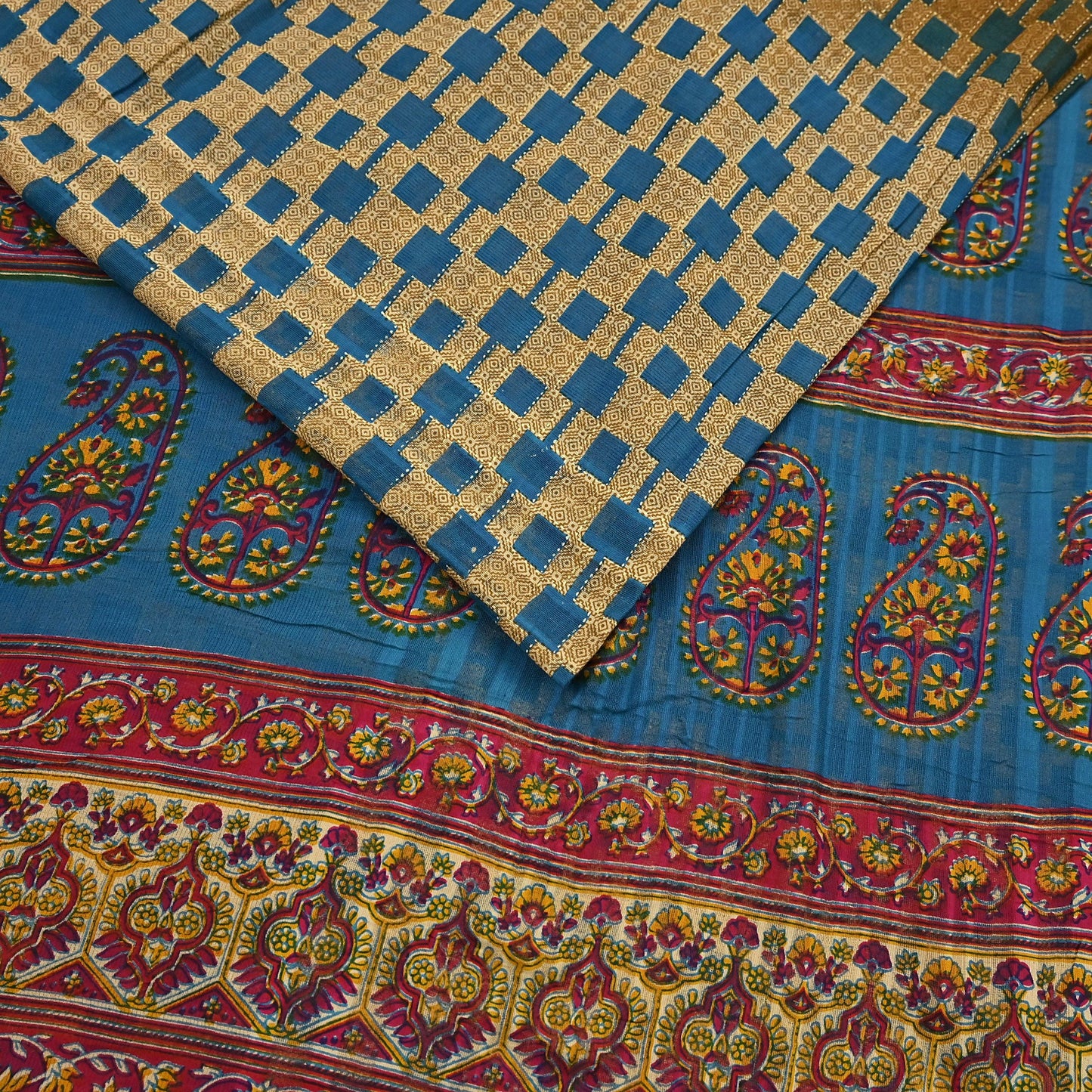 Indian Vintage Sari Blue & Beige Printed Pure Cotton Sarees Craft Fabric 5Yd Soft Sewing Sarong Wrap Boho Floral Quilting Dress making