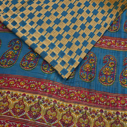 Indian Vintage Sari Blue & Beige Printed Pure Cotton Sarees Craft Fabric 5Yd Soft Sewing Sarong Wrap Boho Floral Quilting Dress making