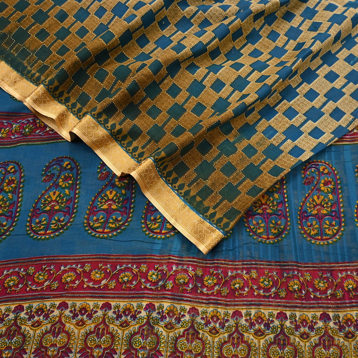 Indian Vintage Sari Blue & Beige Printed Pure Cotton Sarees Craft Fabric 5Yd Soft Sewing Sarong Wrap Boho Floral Quilting Dress making