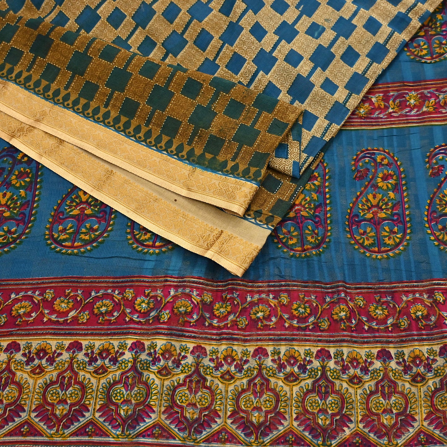 Indian Vintage Sari Blue & Beige Printed Pure Cotton Sarees Craft Fabric 5Yd Soft Sewing Sarong Wrap Boho Floral Quilting Dress making
