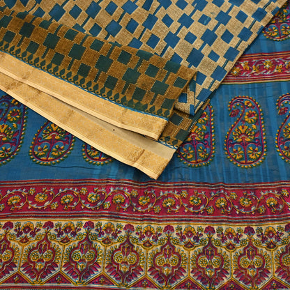 Indian Vintage Sari Blue & Beige Printed Pure Cotton Sarees Craft Fabric 5Yd Soft Sewing Sarong Wrap Boho Floral Quilting Dress making