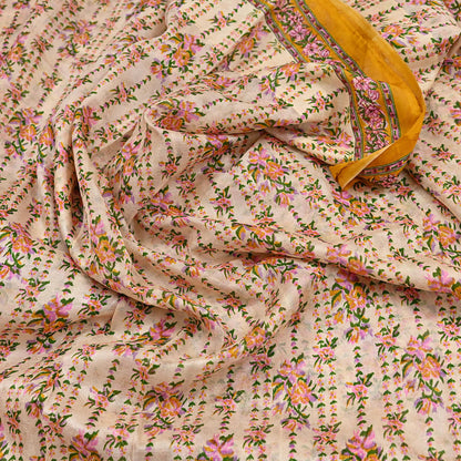 Indian Vintage Sari Ivory & Mustard Printed Pure Silk Sarees 6yd Sewing Craft Fabric DressMaking Soft Wrap Upcycle Quilting Crafting Used