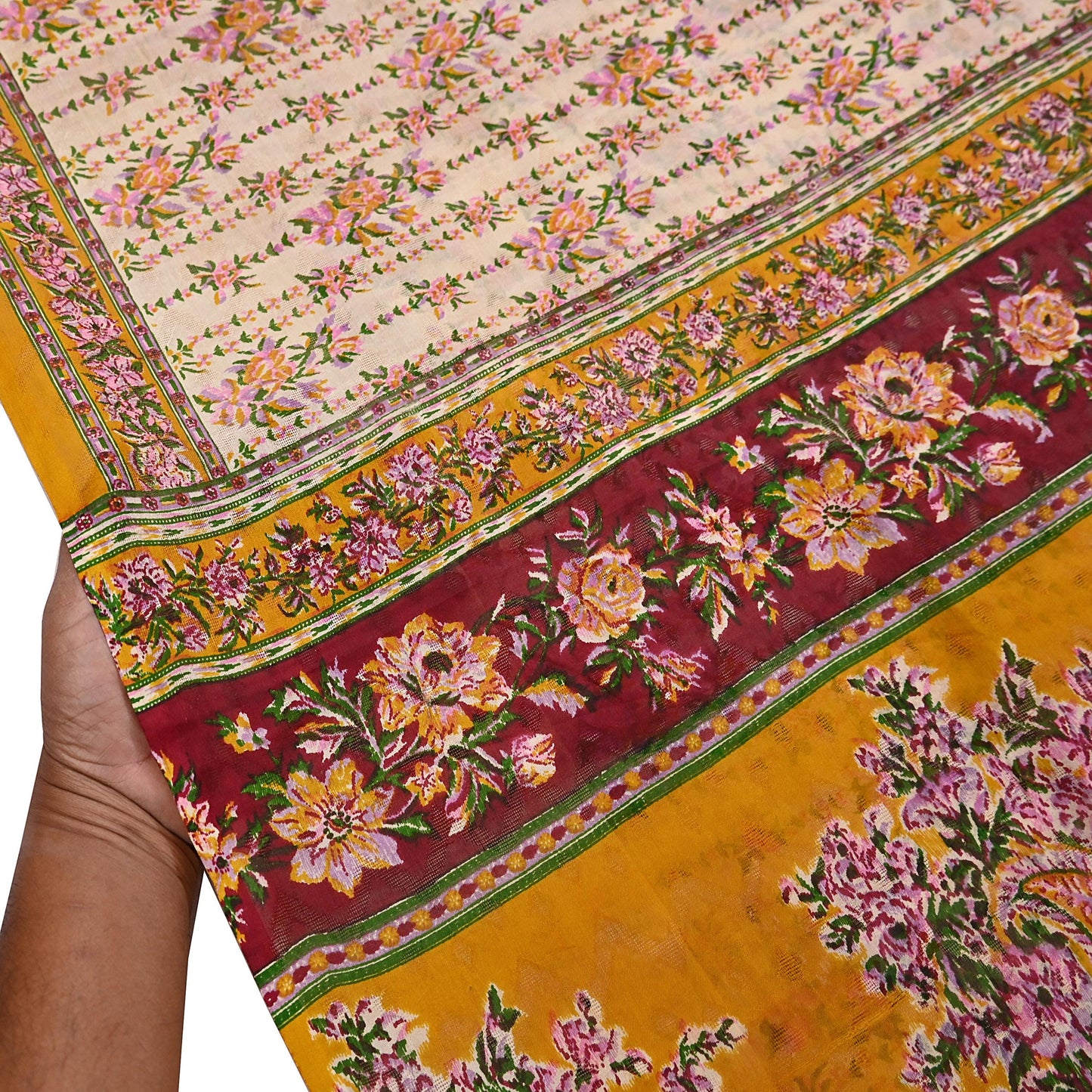 Indian Vintage Sari Ivory & Mustard Printed Pure Silk Sarees 6yd Sewing Craft Fabric DressMaking Soft Wrap Upcycle Quilting Crafting Used