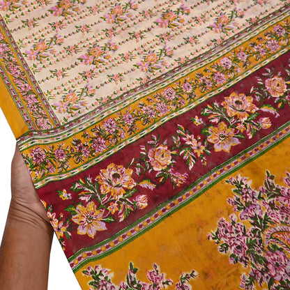 Indian Vintage Sari Ivory & Mustard Printed Pure Silk Sarees 6yd Sewing Craft Fabric DressMaking Soft Wrap Upcycle Quilting Crafting Used