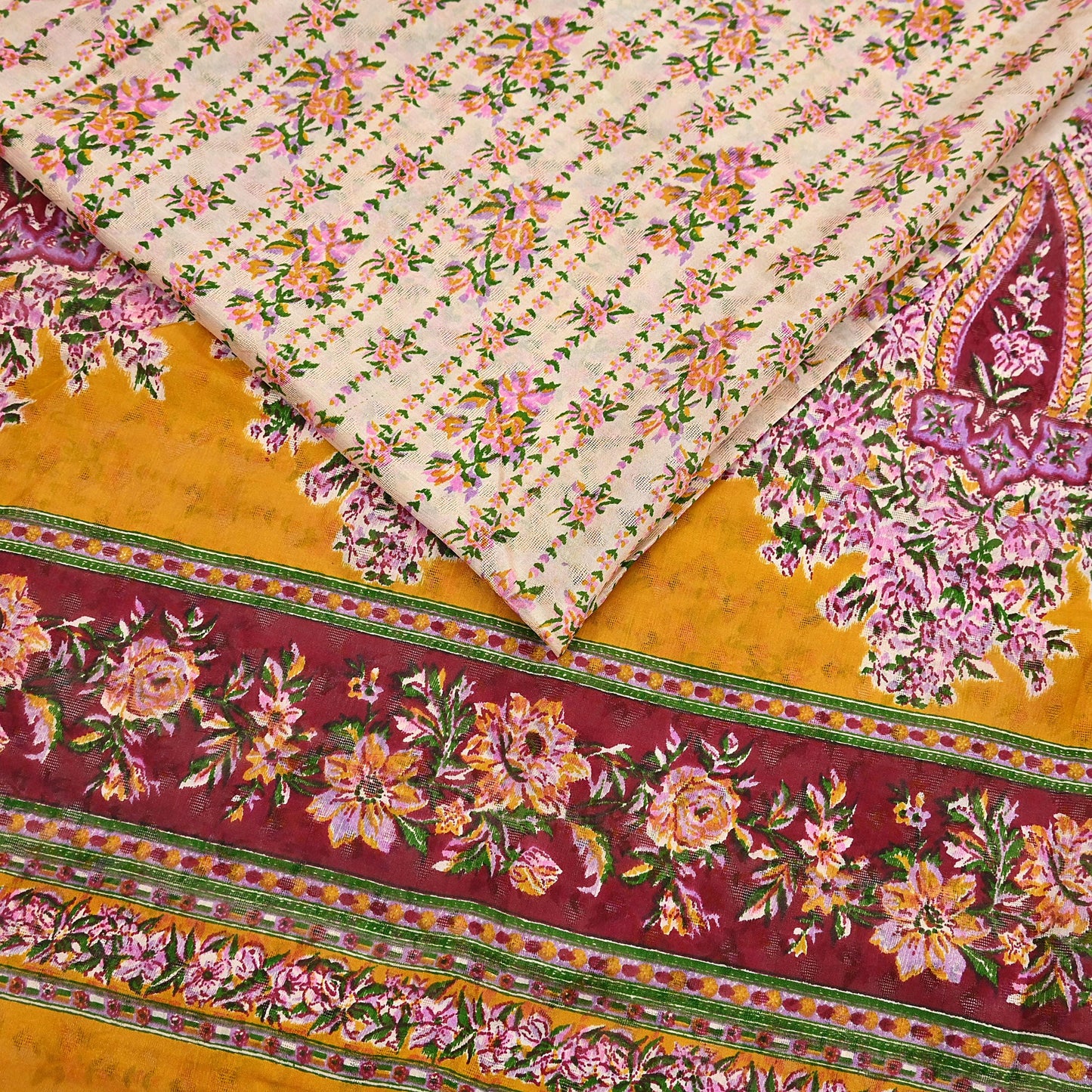 Indian Vintage Sari Ivory & Mustard Printed Pure Silk Sarees 6yd Sewing Craft Fabric DressMaking Soft Wrap Upcycle Quilting Crafting Used