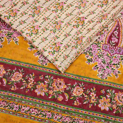 Indian Vintage Sari Ivory & Mustard Printed Pure Silk Sarees 6yd Sewing Craft Fabric DressMaking Soft Wrap Upcycle Quilting Crafting Used