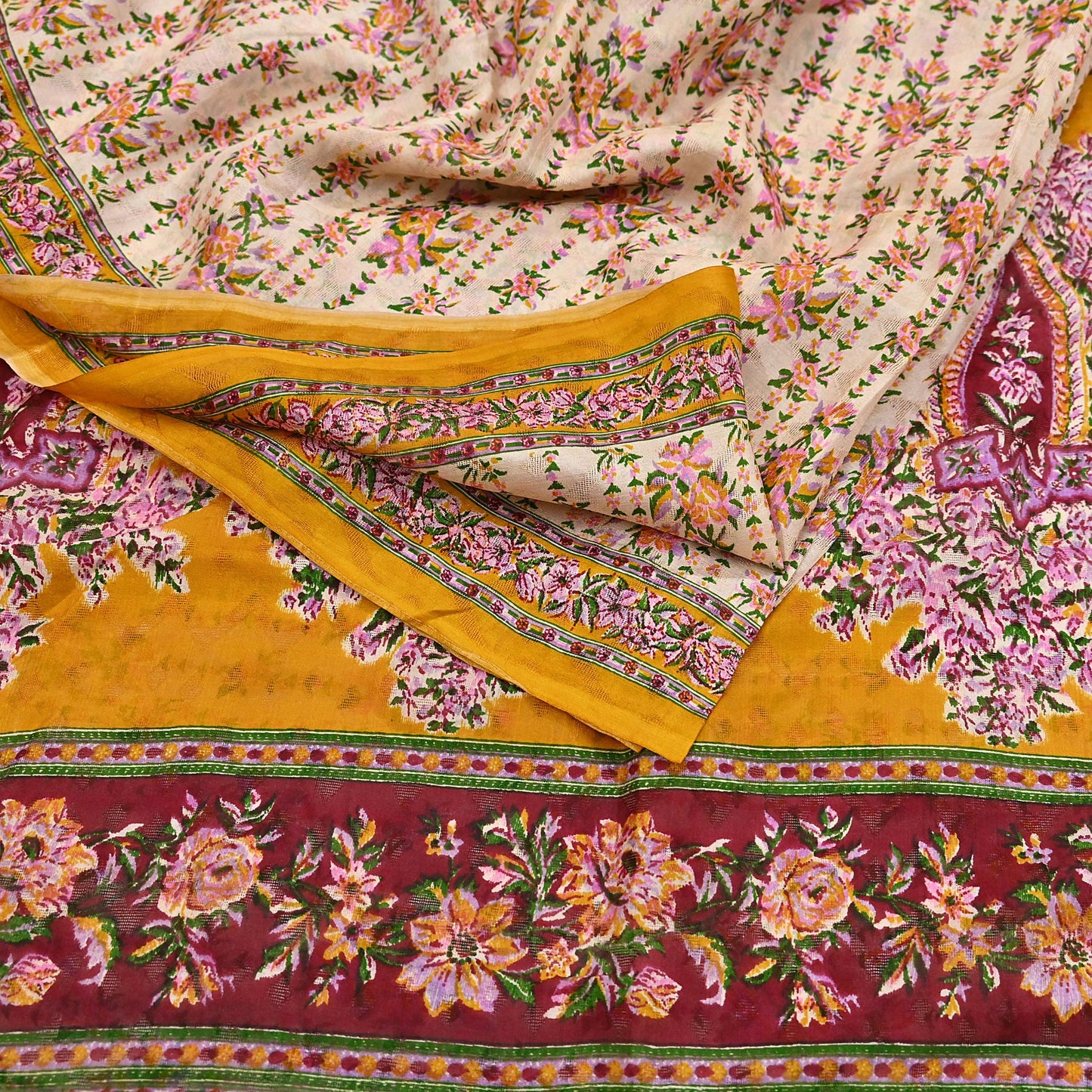 Indian Vintage Sari Ivory & Mustard Printed Pure Silk Sarees 6yd Sewing Craft Fabric DressMaking Soft Wrap Upcycle Quilting Crafting Used