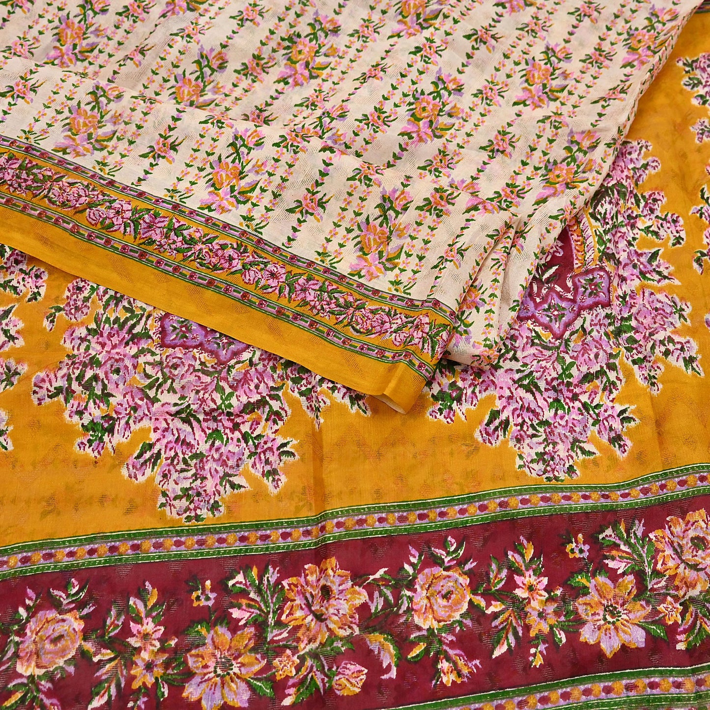Indian Vintage Sari Ivory & Mustard Printed Pure Silk Sarees 6yd Sewing Craft Fabric DressMaking Soft Wrap Upcycle Quilting Crafting Used