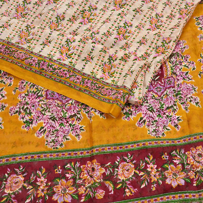 Indian Vintage Sari Ivory & Mustard Printed Pure Silk Sarees 6yd Sewing Craft Fabric DressMaking Soft Wrap Upcycle Quilting Crafting Used