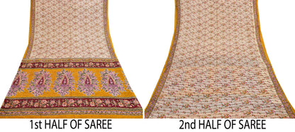 Indian Vintage Sari Ivory & Mustard Printed Pure Silk Sarees 6yd Sewing Craft Fabric DressMaking Soft Wrap Upcycle Quilting Crafting Used