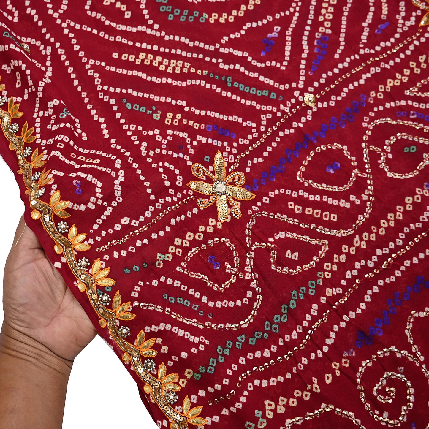 Indian Vintage Red Saree Pure Silk Hand Embroidered Bandhani Printed Sari Craft Fabric 5yd Soft Sequins Dress making Crafting Quilting