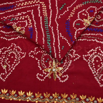 Indian Vintage Red Saree Pure Silk Hand Embroidered Bandhani Printed Sari Craft Fabric 5yd Soft Sequins Dress making Crafting Quilting
