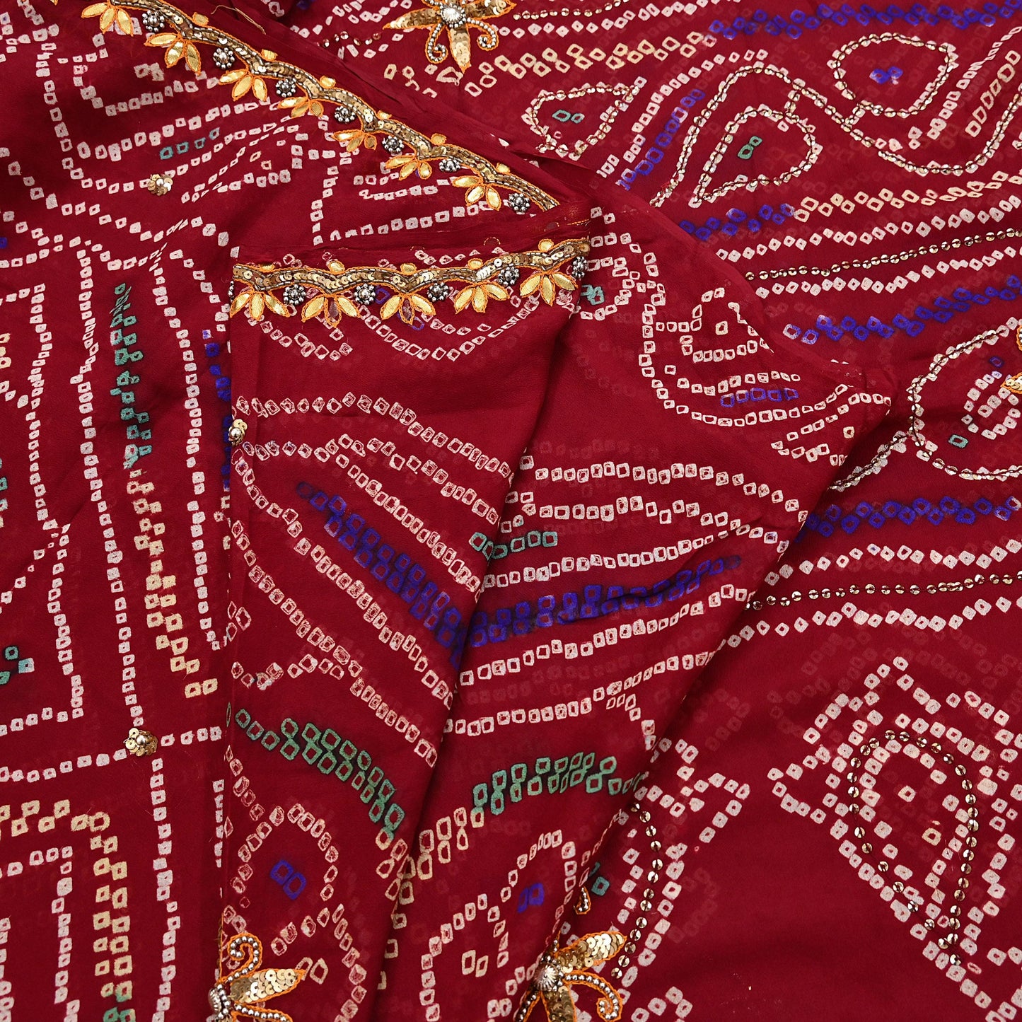 Indian Vintage Red Saree Pure Silk Hand Embroidered Bandhani Printed Sari Craft Fabric 5yd Soft Sequins Dress making Crafting Quilting