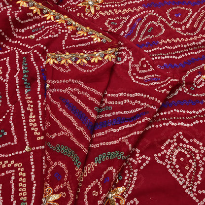 Indian Vintage Red Saree Pure Silk Hand Embroidered Bandhani Printed Sari Craft Fabric 5yd Soft Sequins Dress making Crafting Quilting