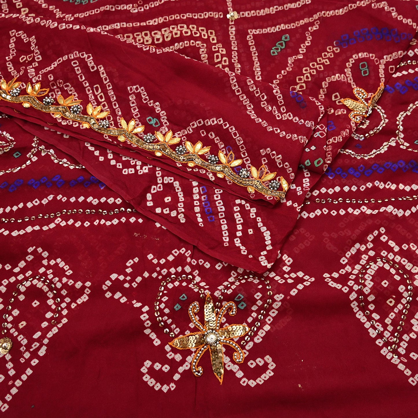 Indian Vintage Red Saree Pure Silk Hand Embroidered Bandhani Printed Sari Craft Fabric 5yd Soft Sequins Dress making Crafting Quilting