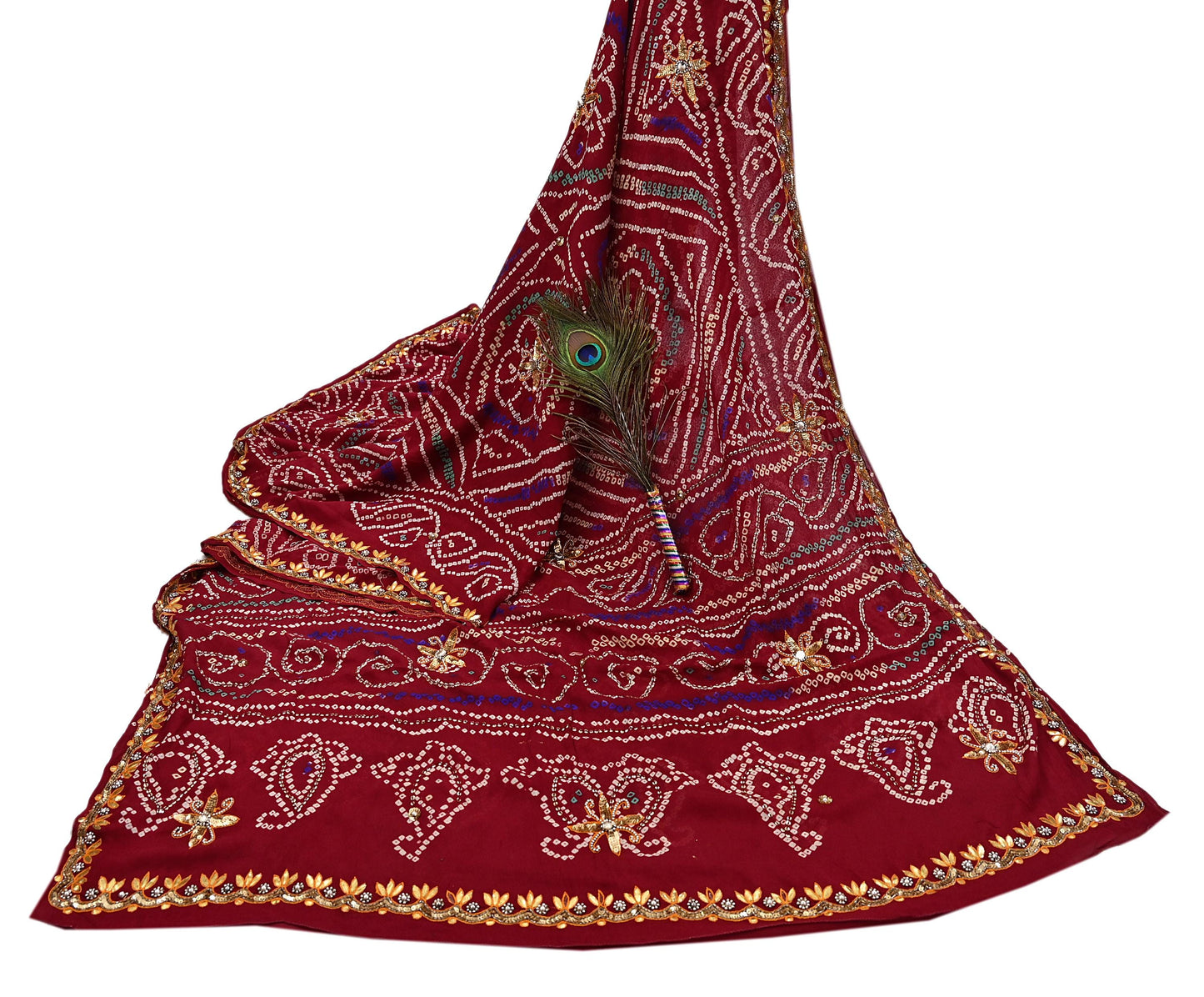 Indian Vintage Red Saree Pure Silk Hand Embroidered Bandhani Printed Sari Craft Fabric 5yd Soft Sequins Dress making Crafting Quilting